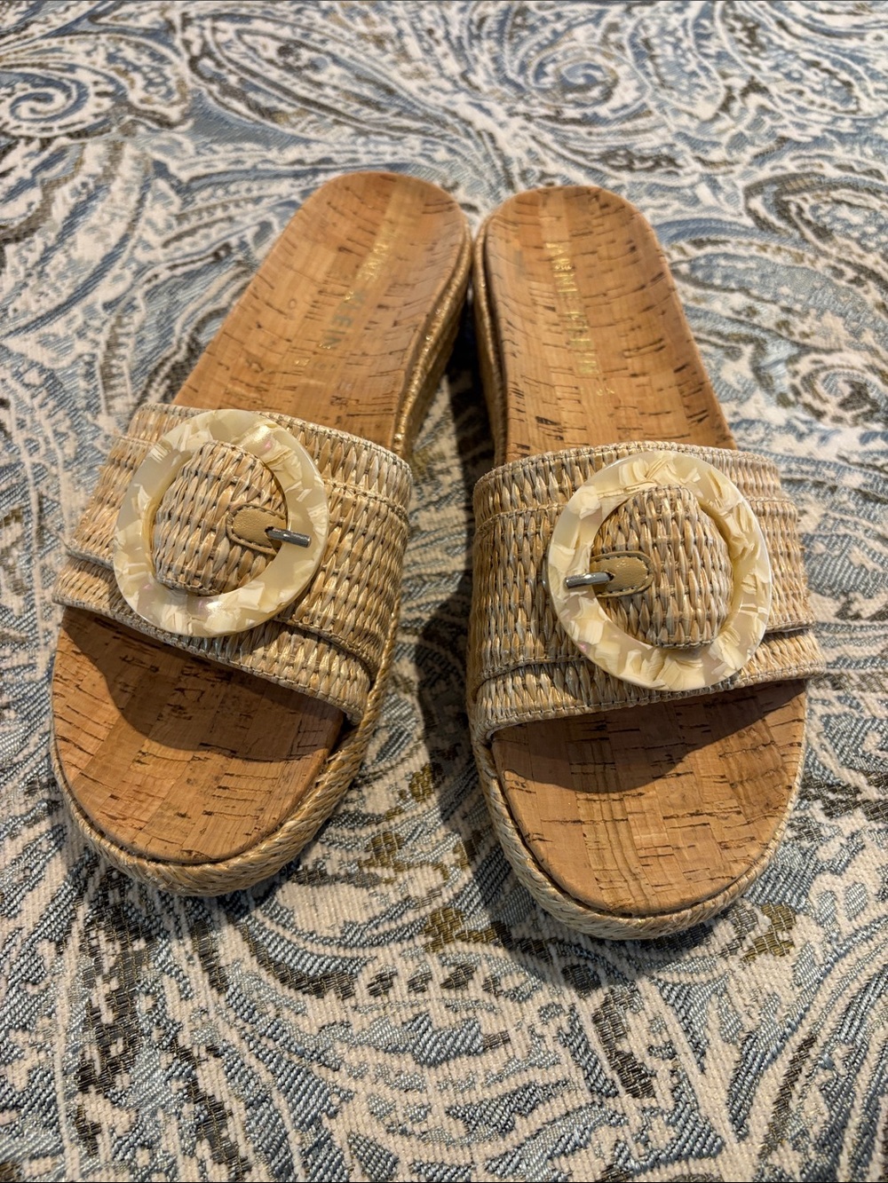 Anne Klein Natural Straw Slide Sandals with Ivory Buckle